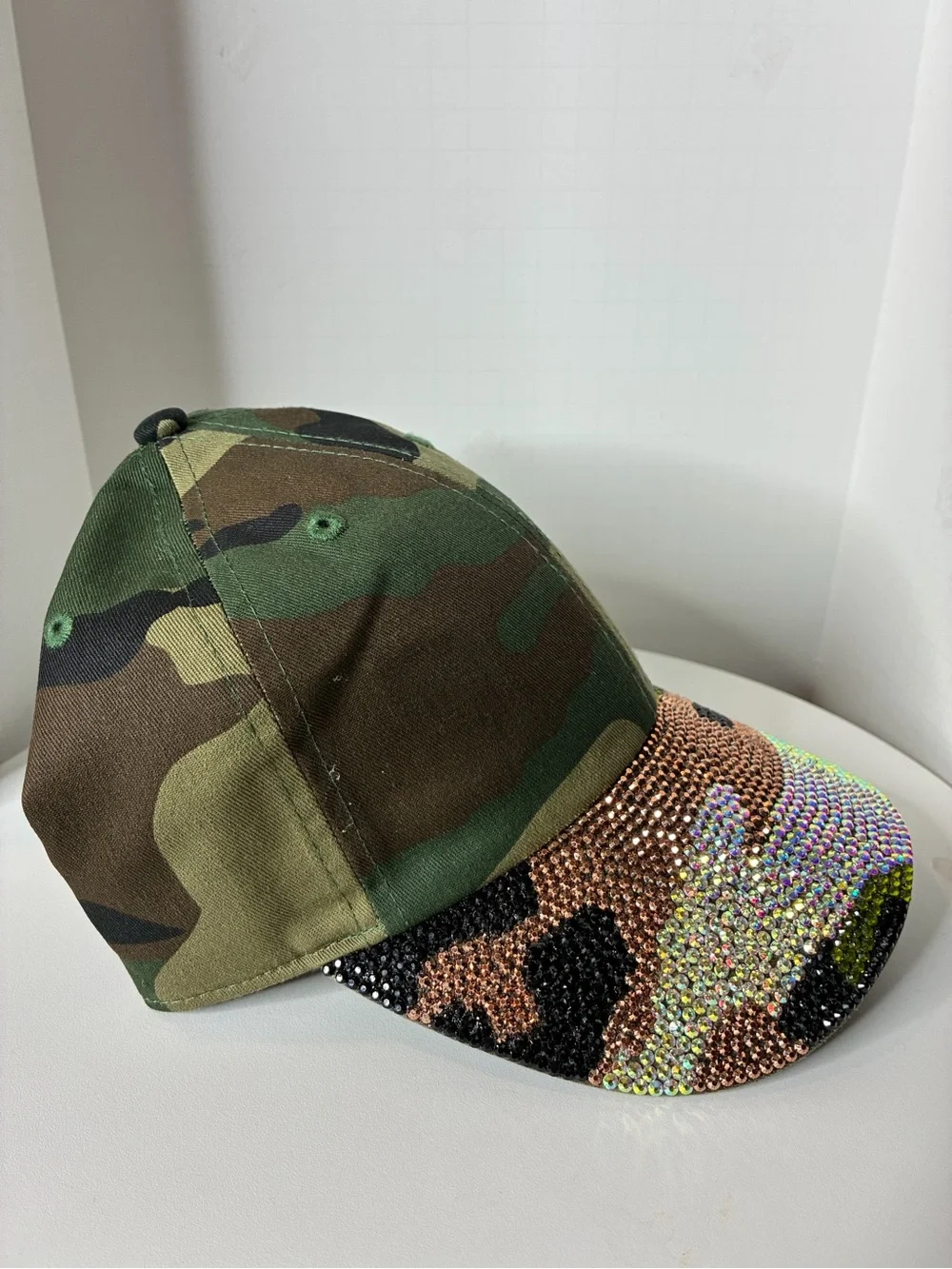 Custom Women Camouflage Rhinestone  Cap - Green